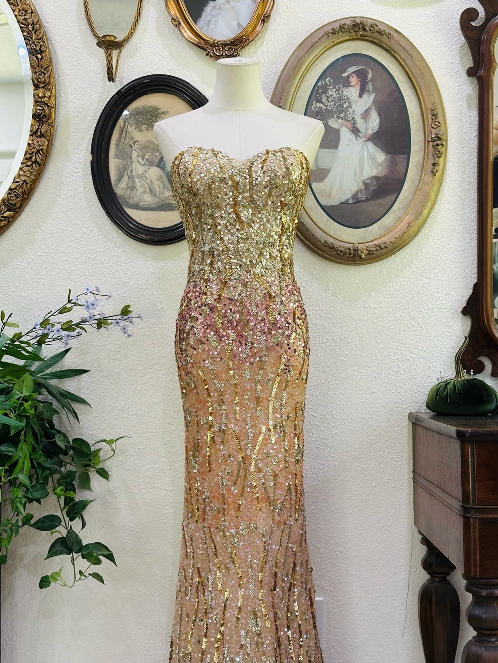 Scala Gold and Pink Sequin Strapless Maxi Gown - Picture 3 of 16